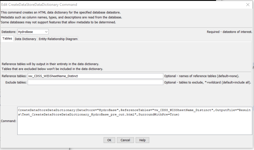 CreateDataStoreDataDictionary command editor for Table parameters