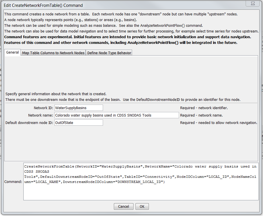 CreateNetworkFromTable command editor for general parameters