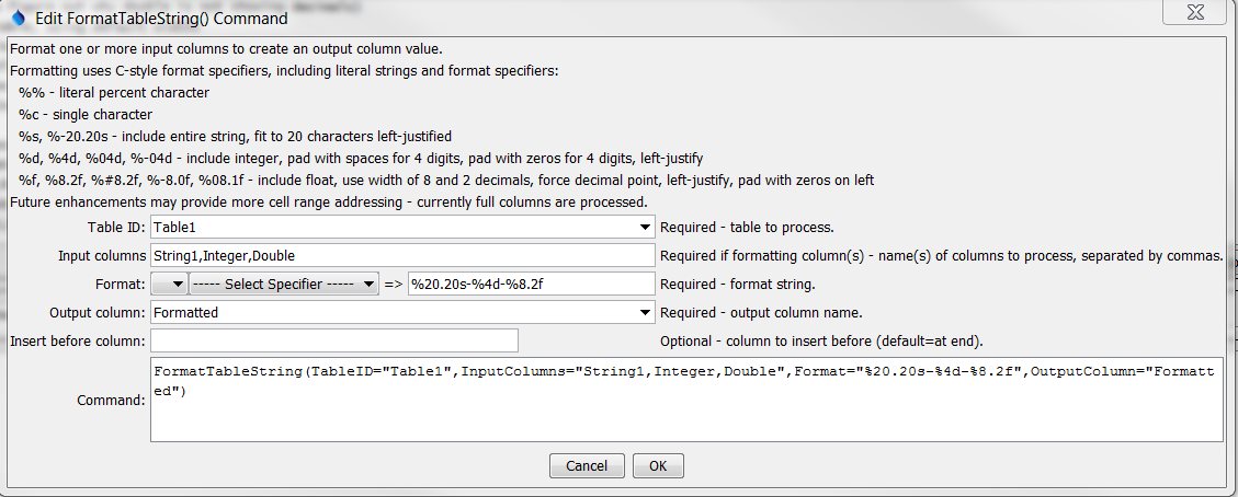 FormatTableString command editor