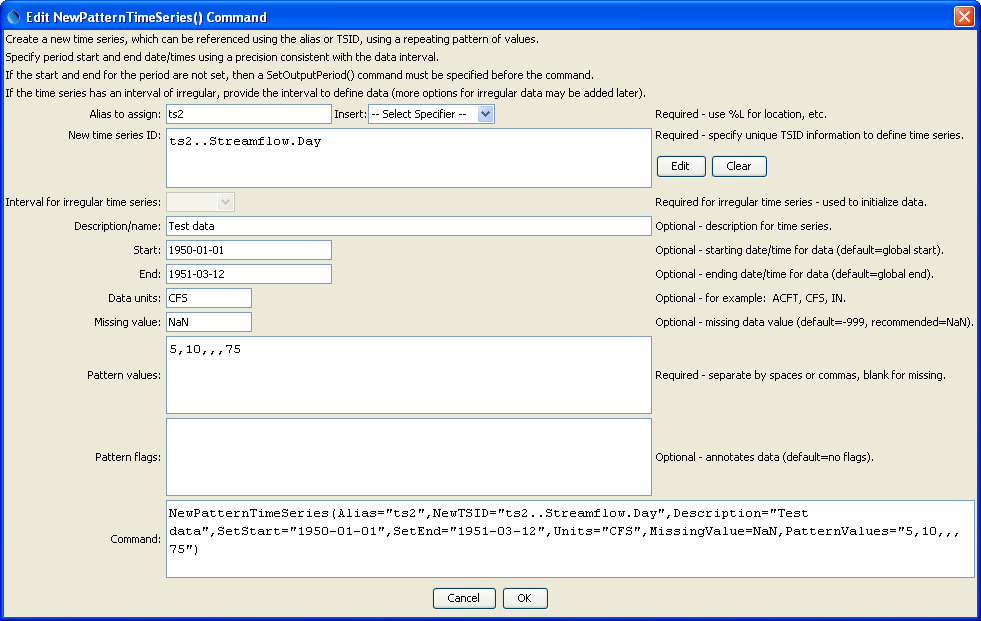 NewPatternTimeSeries command editor