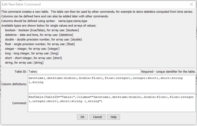 NewTable command editor