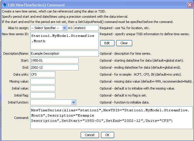 NewTimeSeries command editor