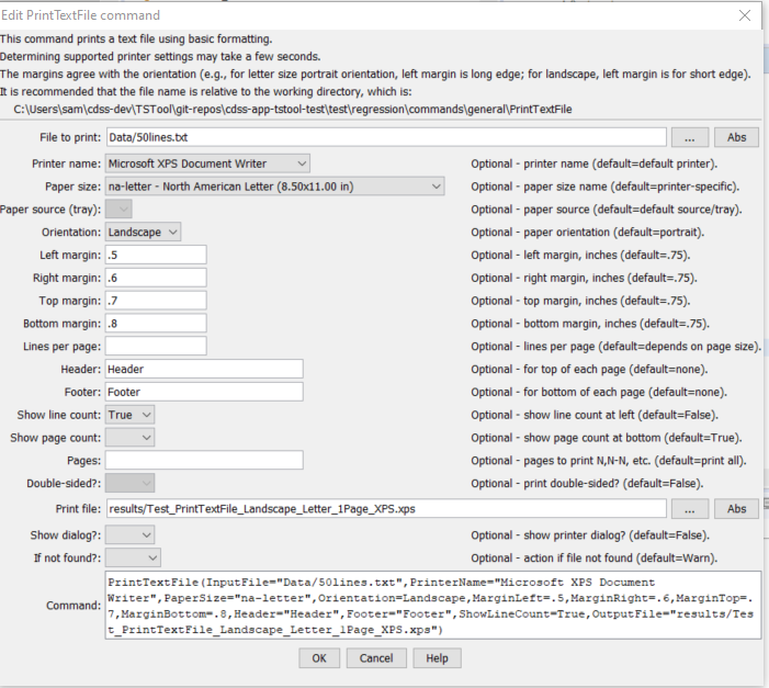 PrintTextFile command editor
