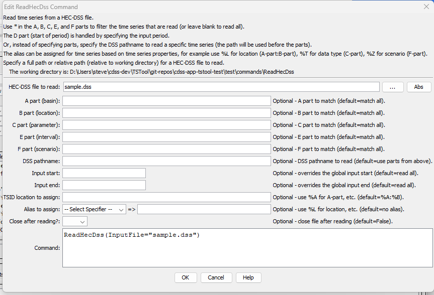 ReadHecDss command editor