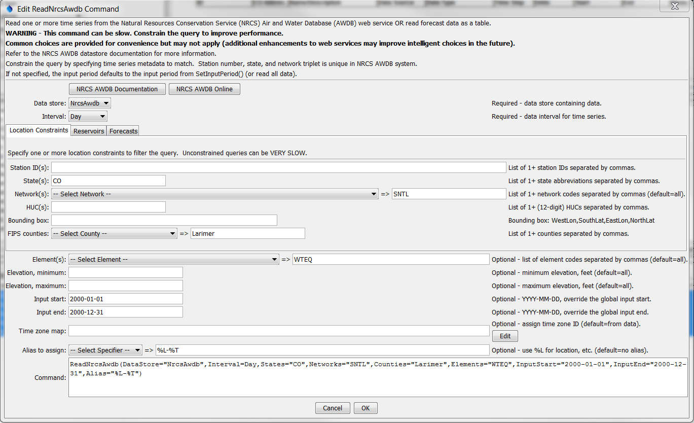 ReadNrcsAwdb command editor for General parameters