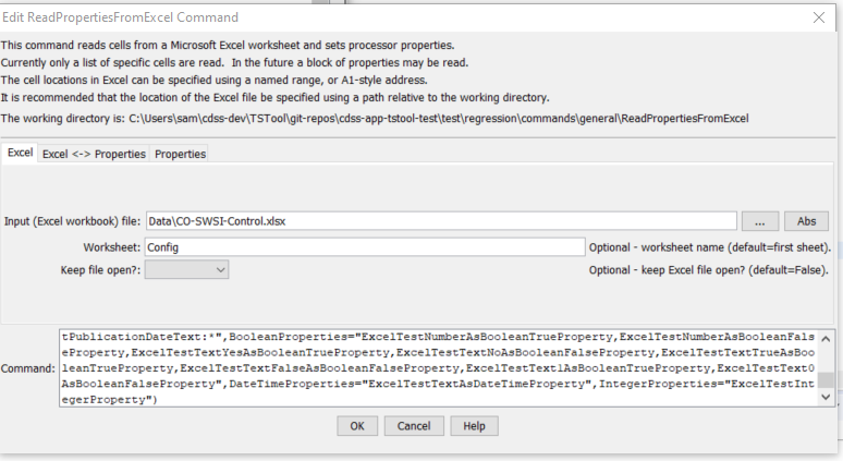 ReadPropertiesFromExcel command editor for Excel parameters