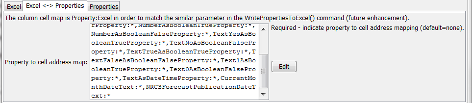 ReadPropertiesFromExcel command editor for Excel to properties map parameters