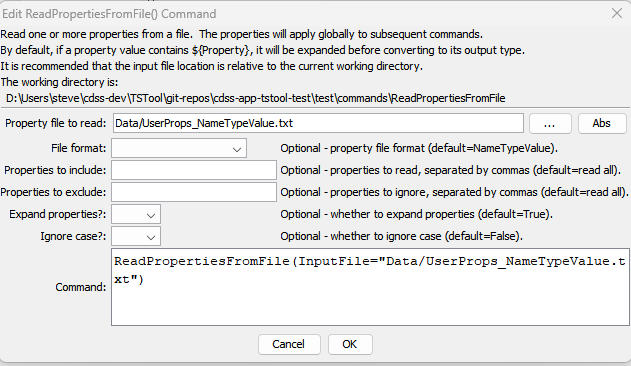 ReadPropertiesFromFile command editor