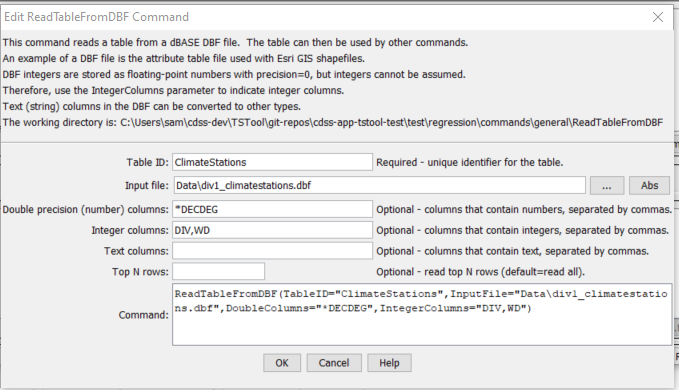 ReadTableFromDBF command editor