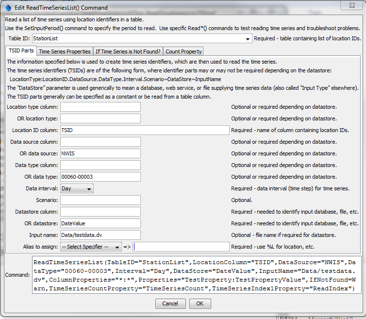ReadTimeSeriesList command editor for time series identifier part parameters