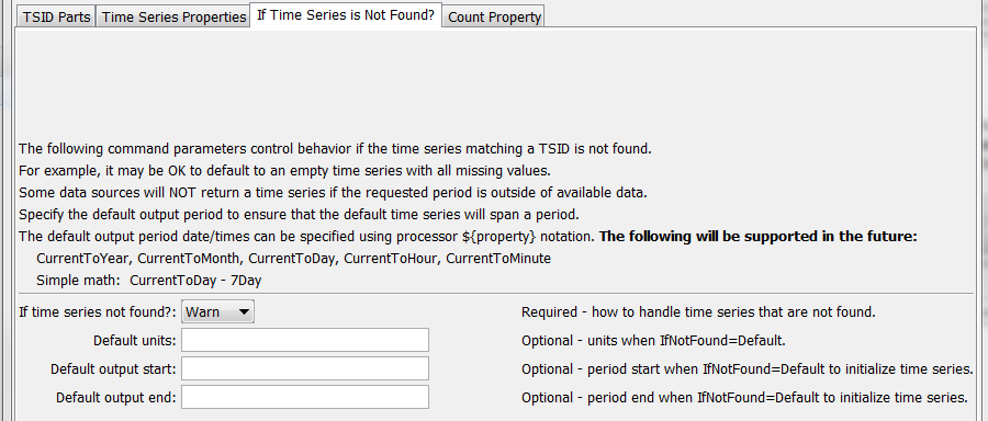 ReadTimeSeriesList command editor for time series not found parameters