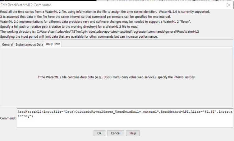 ReadWaterML2 command editor for daily data parameters
