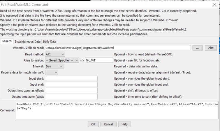 ReadWaterML2 command editor for general parameters