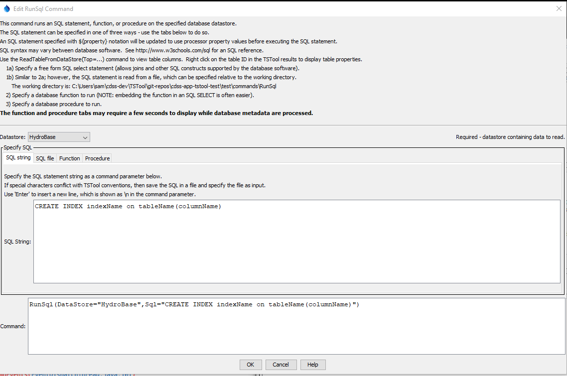 RunSql command editor