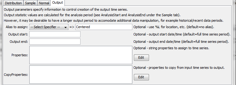 RunningStatisticTimeSeries command editor for Output parameters