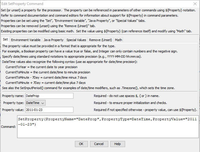 SetProperty command editor for general set parameters