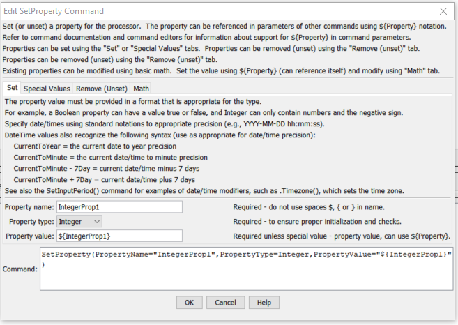 SetProperty command editor for performing math with main property parameters