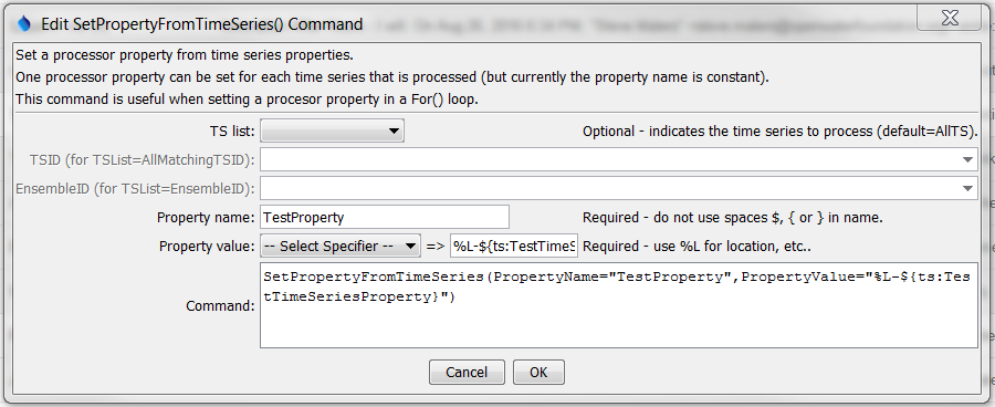 SetPropertyFromTimeSeries command editor