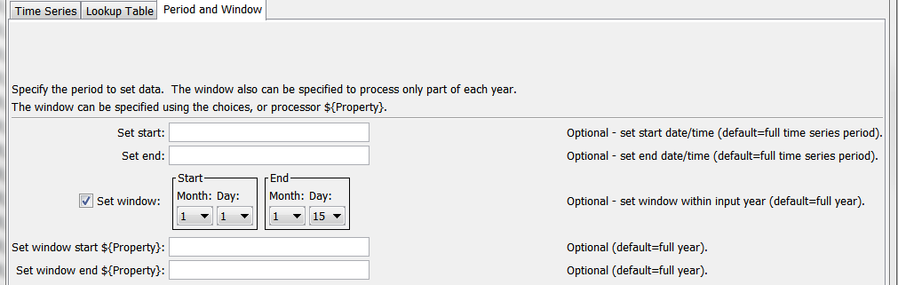 SetTimeSeriesValuesFromLookupTable_Time command editor for Period and Window parameters