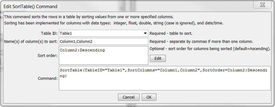 SortTable command editor