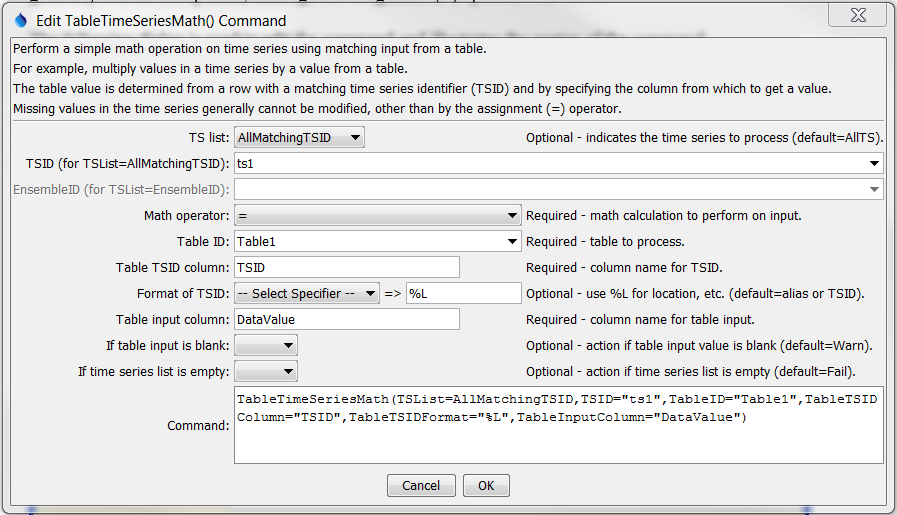 TableTimeSeriesMath command editor