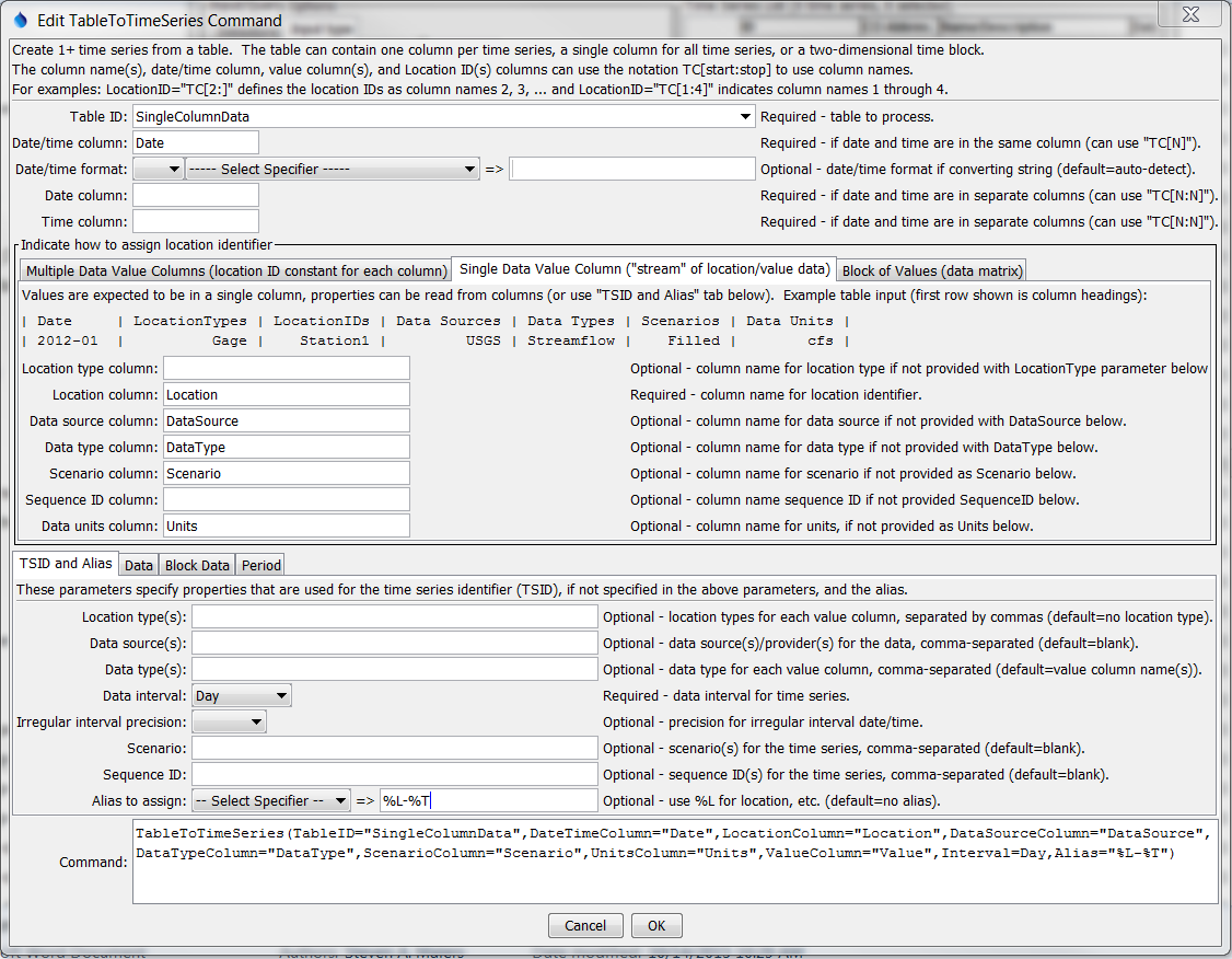 TableToTimeSeries command editor for table with single data column and metadata column