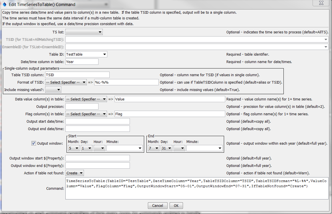 TimeSeriesToTable command editor to create single data column table