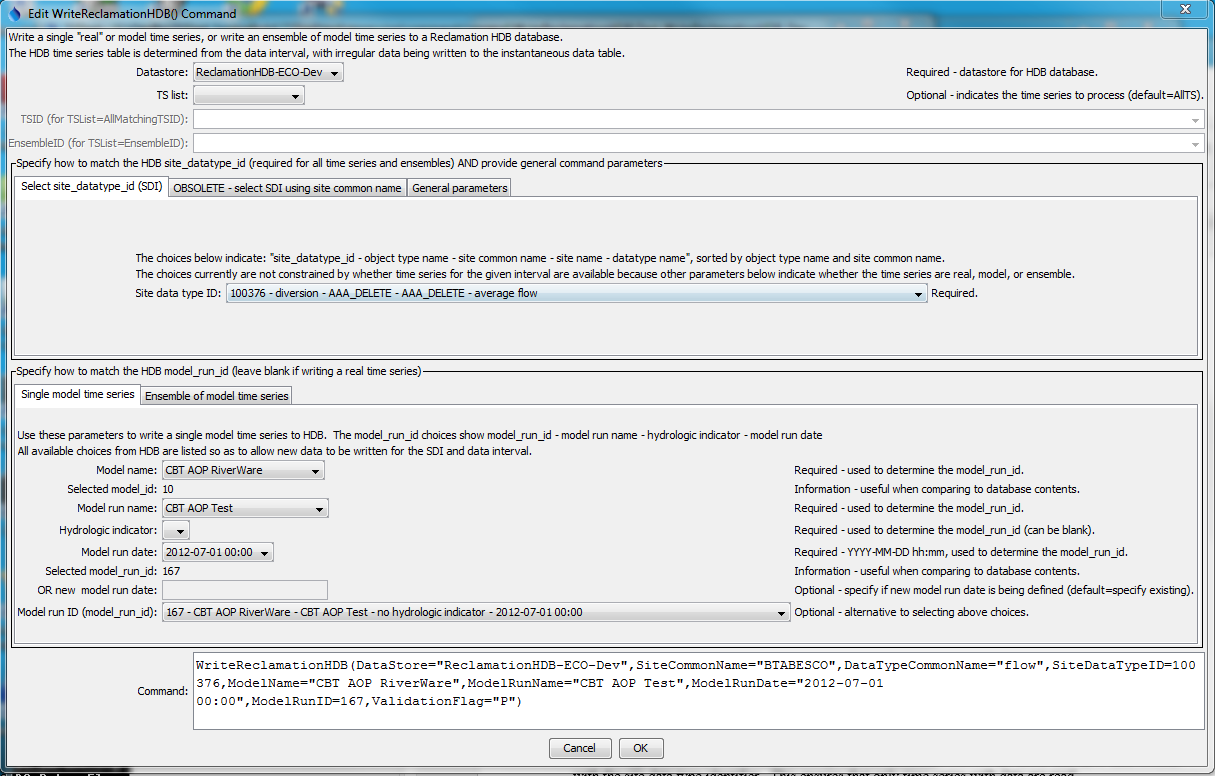 WriteReclamationHDB command editor for single model time series