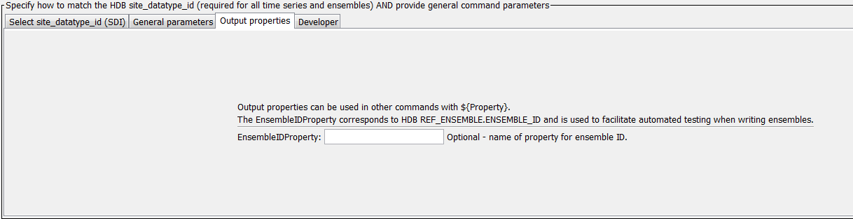 WriteReclamationHDB command editor for Output Property parameters