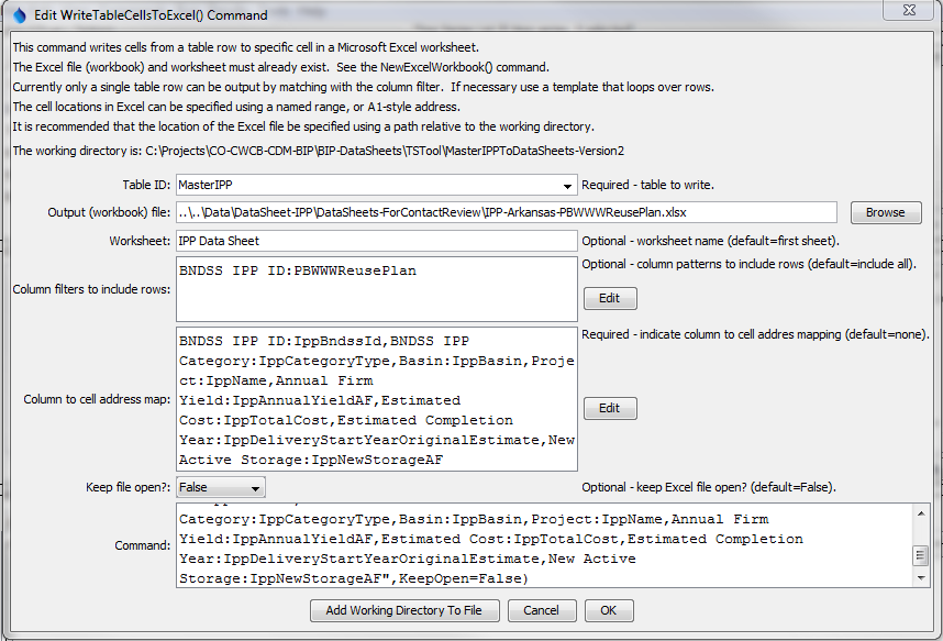 WriteTableCellsToExcel command editor