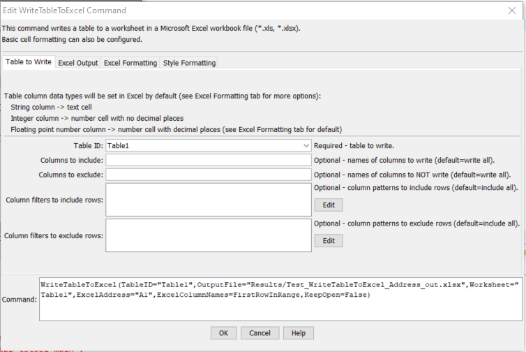 WriteTableToExcel command editor