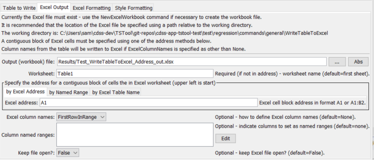 WriteTableToExcel command editor for Excel Output parameters