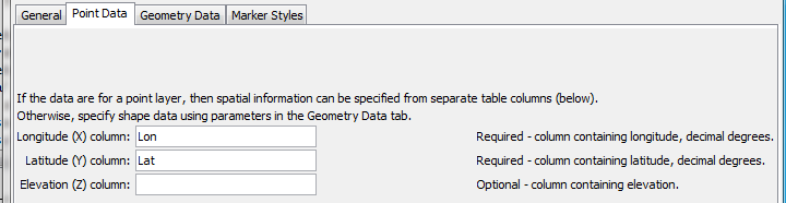 WriteTableToKml command editor for Point Data parameters