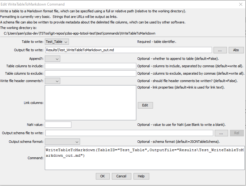 WriteTableToMarkdown command editor