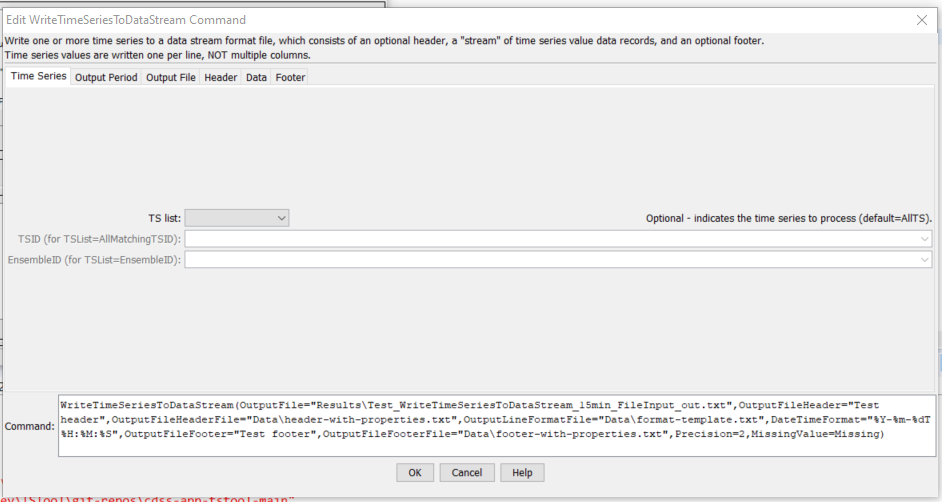 WriteTimeSeriesToDataStream command editor for Time Series parameters
