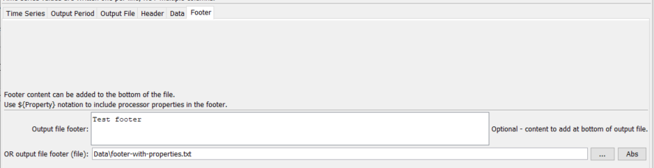 WriteTimeSeriesToDataStream command editor for Output File Footer parameters