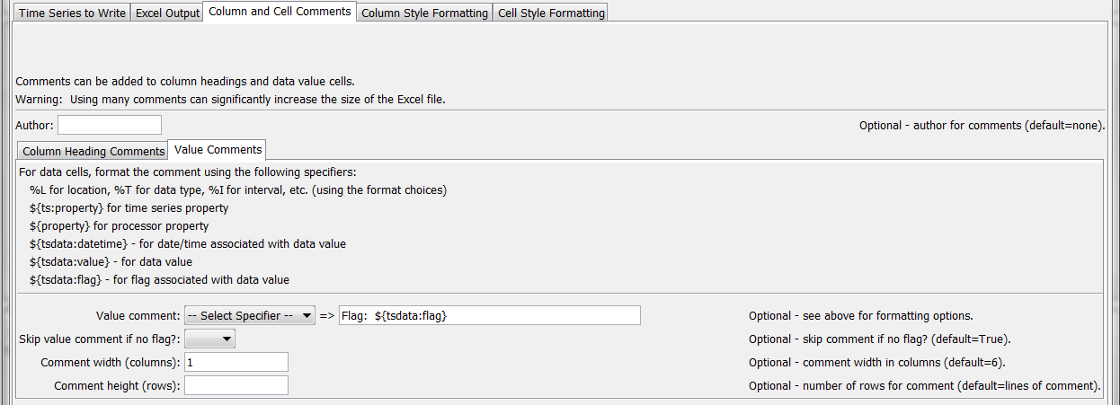 WriteTimeSeriesToExcel command editor for Column and Cell Comments parameters