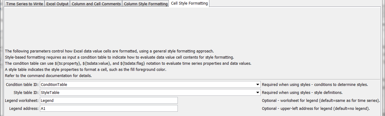 WriteTimeSeriesToExcel Command Editor for Data Value Cell Style Formatting parameters