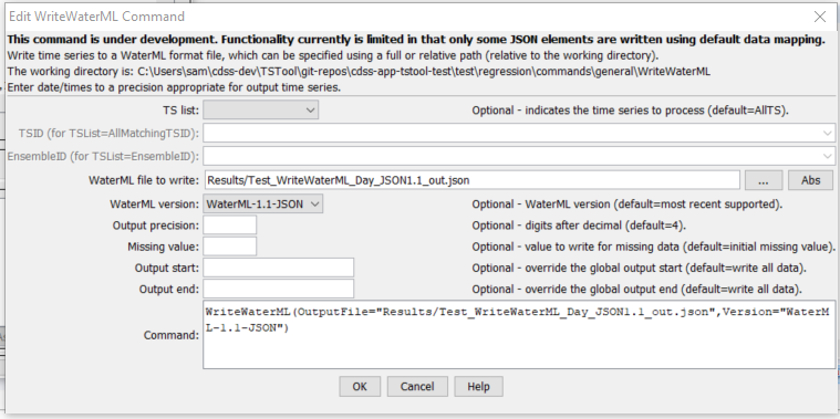 WriteWaterML command editor