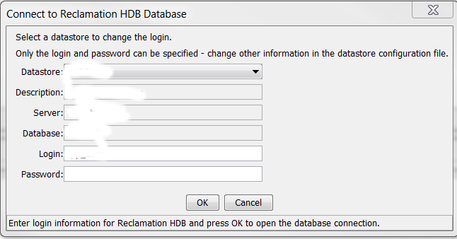 ReclamationHDB Datastore Login Dialog after Startup