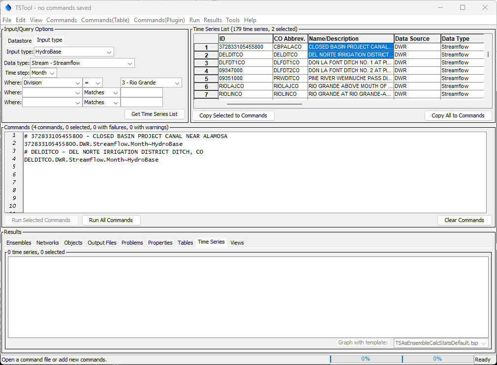 TSTool after Pressing Get Time Series List and selecting from Time Series List