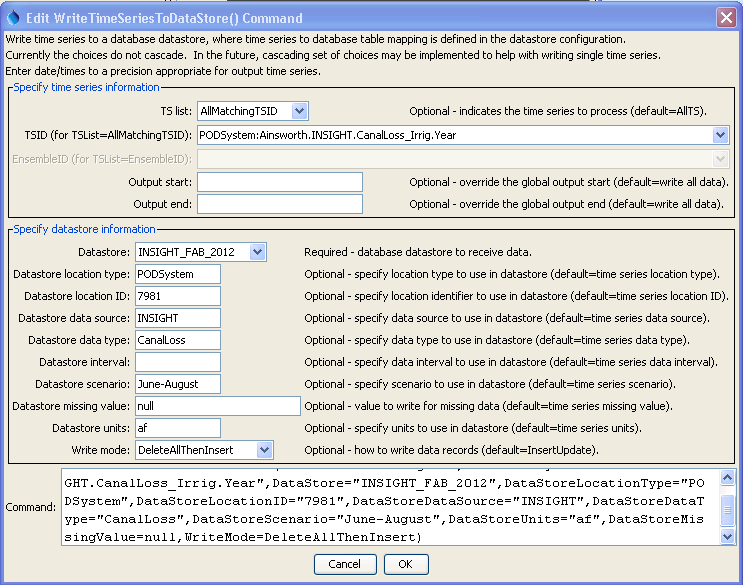 WriteTimeSeriesToDataStore command editor