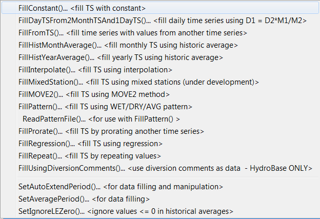 Commands: Fill Time Series Missing Data Menu