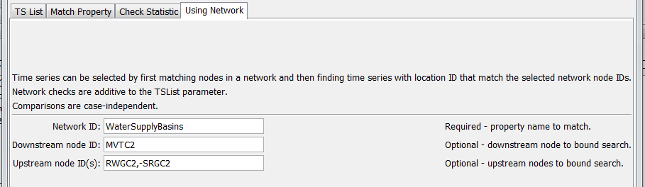 SelectTimeSeries command editor specifying network nodes