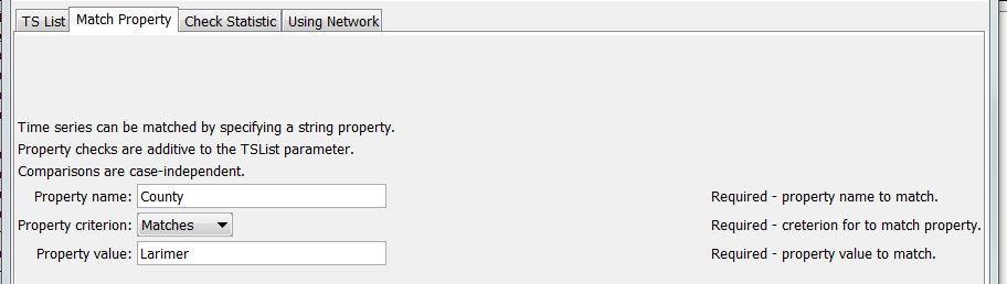 SelectTimeSeries command editor specifying a property to match