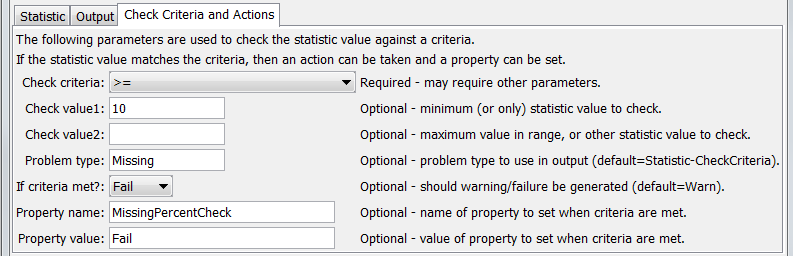 CheckTimeSeriesStatistic command editor for Criteria and Action parameters