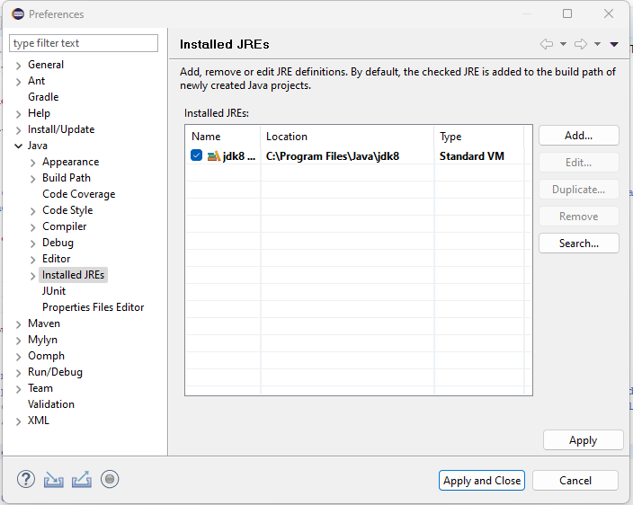 Eclipse Java interpreter preferences