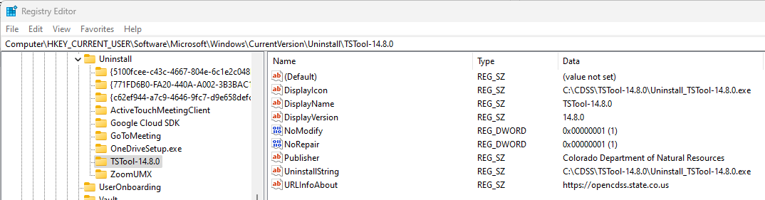 TSTool uninstall registry