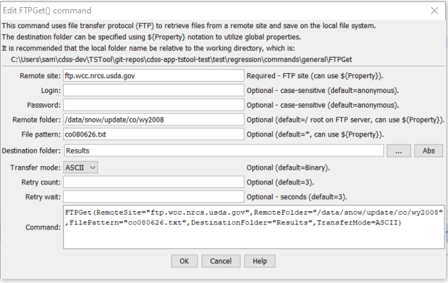 FTPGet command editor