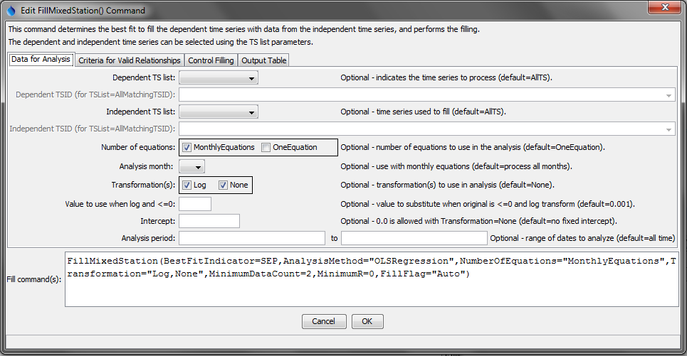 FillMixedStation command editor for Analysis parameters